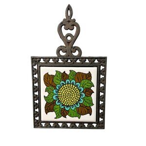 VTG Holt Howard Flower Tile Green Brown Metal Trivet 1970s Japan Ceramic Kitsch